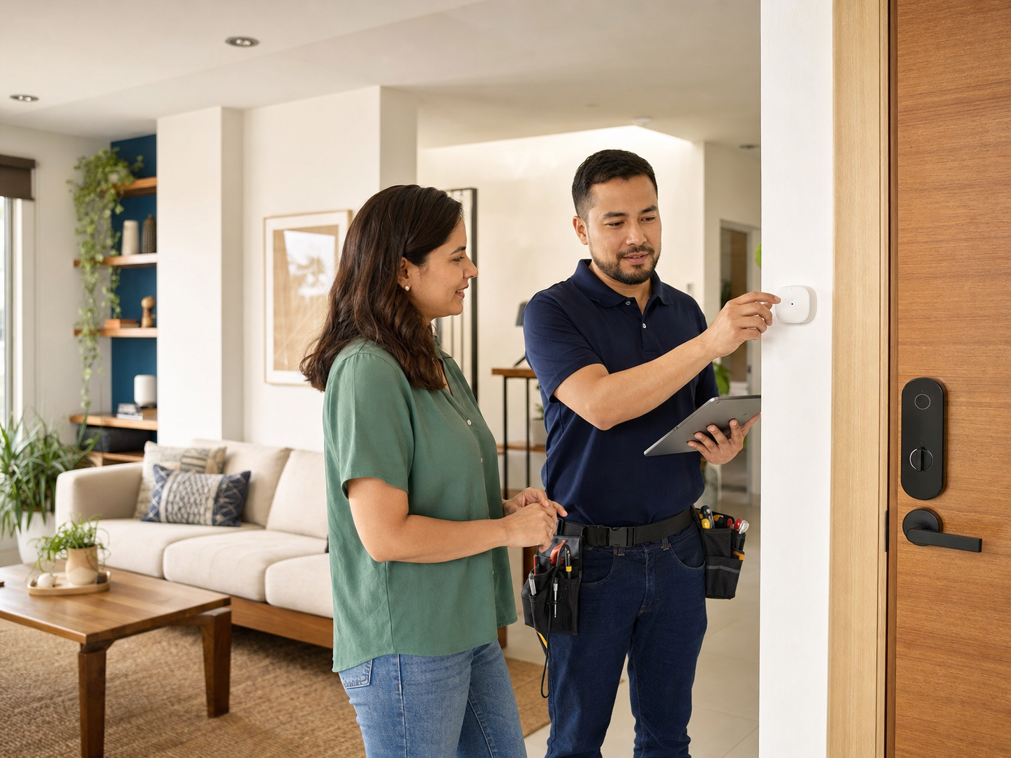 Técnico configurando sensores y accesos inteligentes en una vivienda